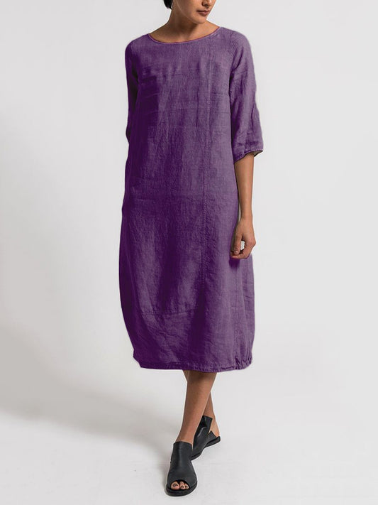 Loookus - Crew Neck 3/4 Sleeve Casual Solid Casualdress