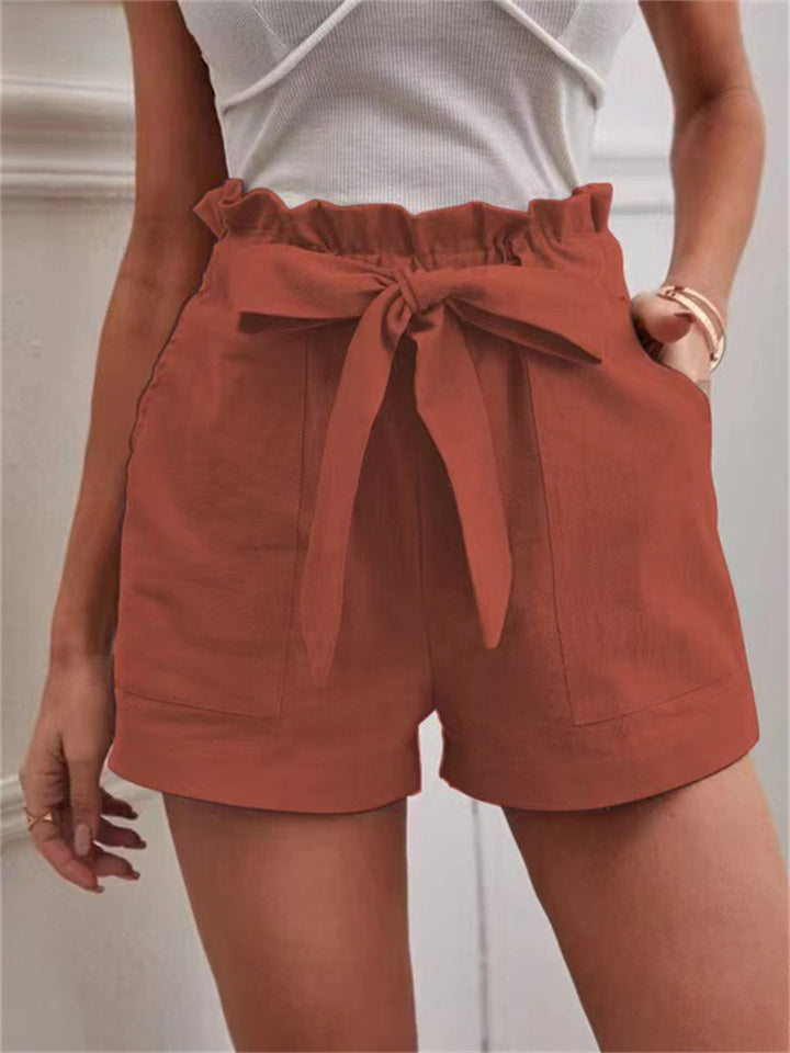 Loookus - Summer Ladies Loose Linen Casual Shorts Pockets Solid Color Big Yards High Waist Wide Leg Pants