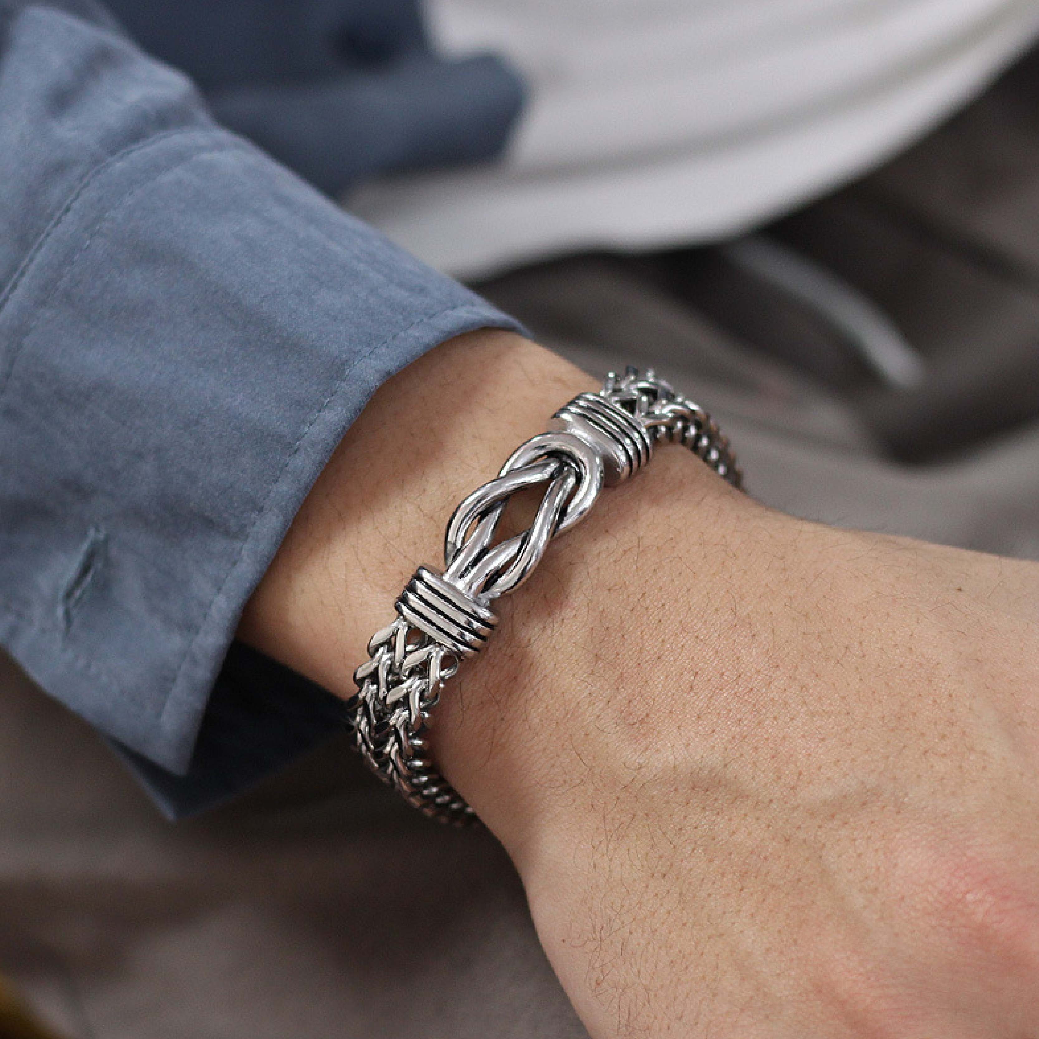 Loookus - 925 Silver Retro Hip Hop Double Chain Magnetic Buckle Bracelet