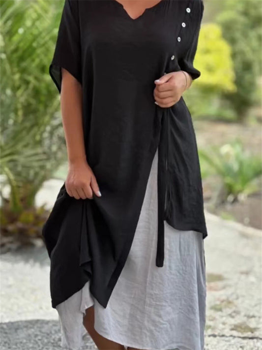 Loookus - Fashion V-neck Short-sleeved Fake Two Pieces Asymmetric Dresses Spring and Summer New Irregular Dress Comfortable Casual Wind