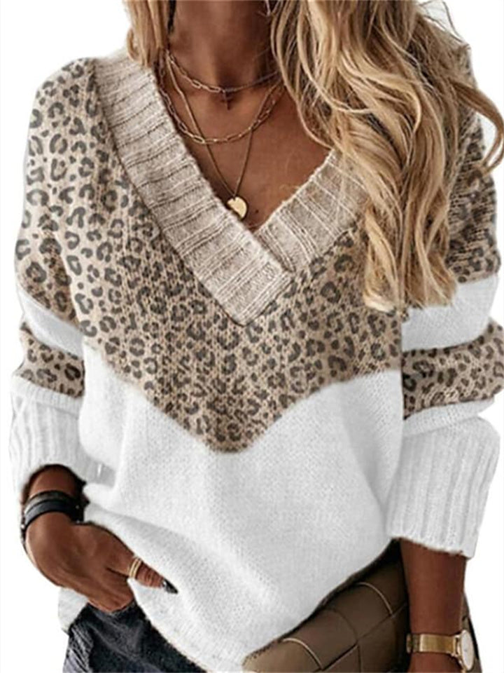 Loookus - Women's Pullover Sweater Jumper Patchwork Print Leopard Print Color Block Stylish Basic Casual Long Sleeve Regular Fit Sweater Cardigans V Neck Fall Winter Khaki / Daily / Holiday / Going out