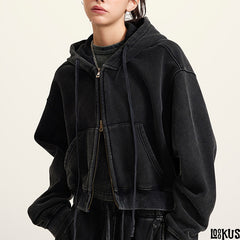 Loookus - Vintage Washed Y2K Hoodie Zip-Up Jacket &amp; Cargo Skirt Set