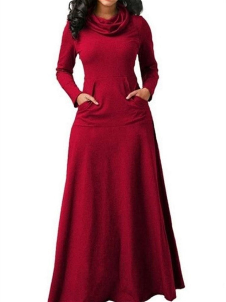 Loookus - Women's Casual Dress Emerald Green Dress Black Dress Long Dress Maxi Dress Green Black Brown Long Sleeve Pure Color Pocket Winter Fall Spring High Neck Basic Winter Dress Christmas Birthday 2022 S M