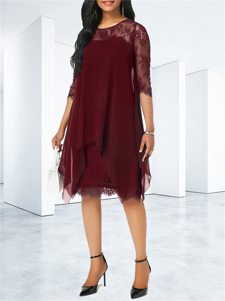 Loookus - Spring and Summer New Elegant Wind Round Neck Lace Splicing Seven-point Sleeve Medium-length Knee-length Chiffon Solid Color Irregular Dress