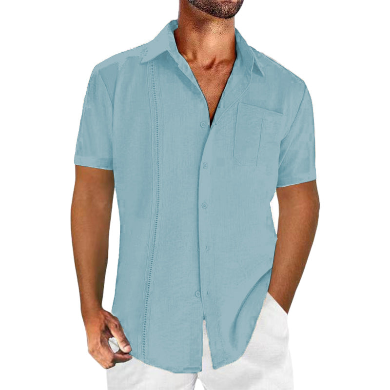 Loookus - Casual solid color men's linen cotton short sleeve shirt