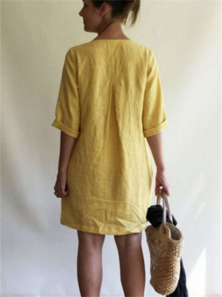 Loookus - Summer V-neck Solid Color Cotton Linen Loose Dresses Women