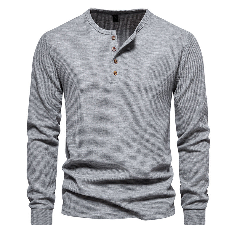 Loookus - Long Sleeve Waffle Knit Four Buttons Henley Shirt