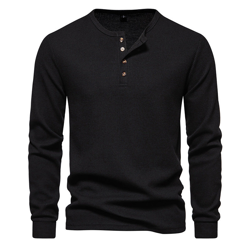 Loookus - Long Sleeve Waffle Knit Four Buttons Henley Shirt