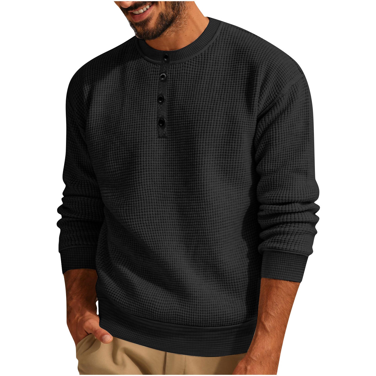 Loookus - 2025 Man's Long Sleeve Knit Henley Pure Color Waffle Texture