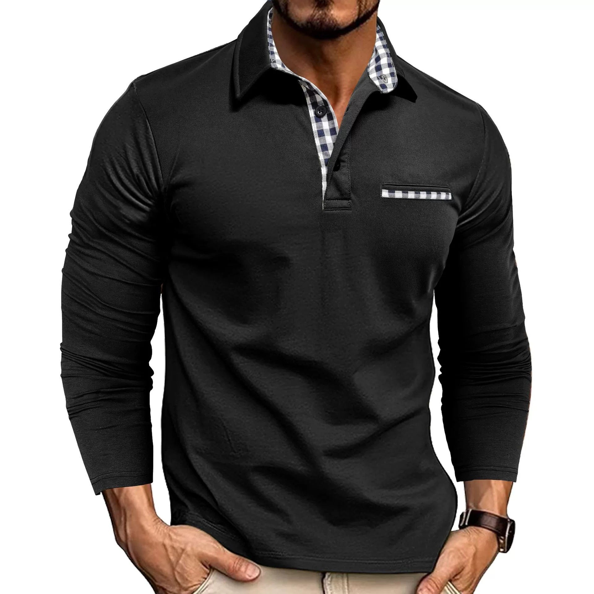 Loookus - Men's Long Sleeve Solid Color With Black and White Patchwork Cotton Blend Shirt