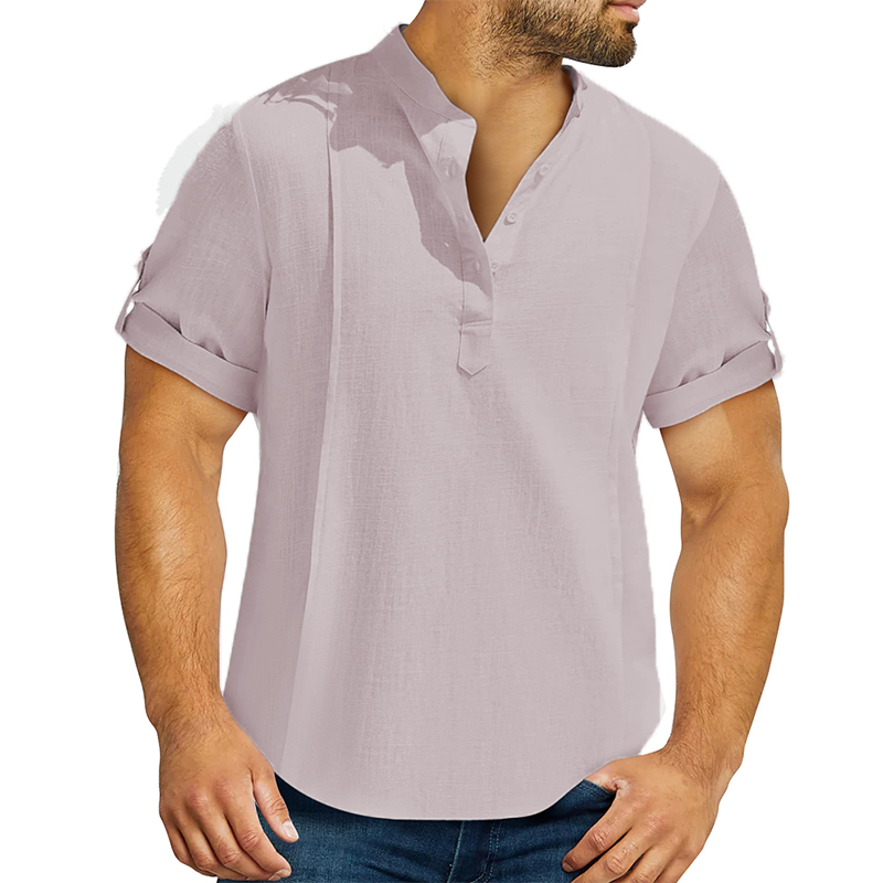 Loookus - Men's linen cotton Henley shirt casual shirt short sleeve T shirt