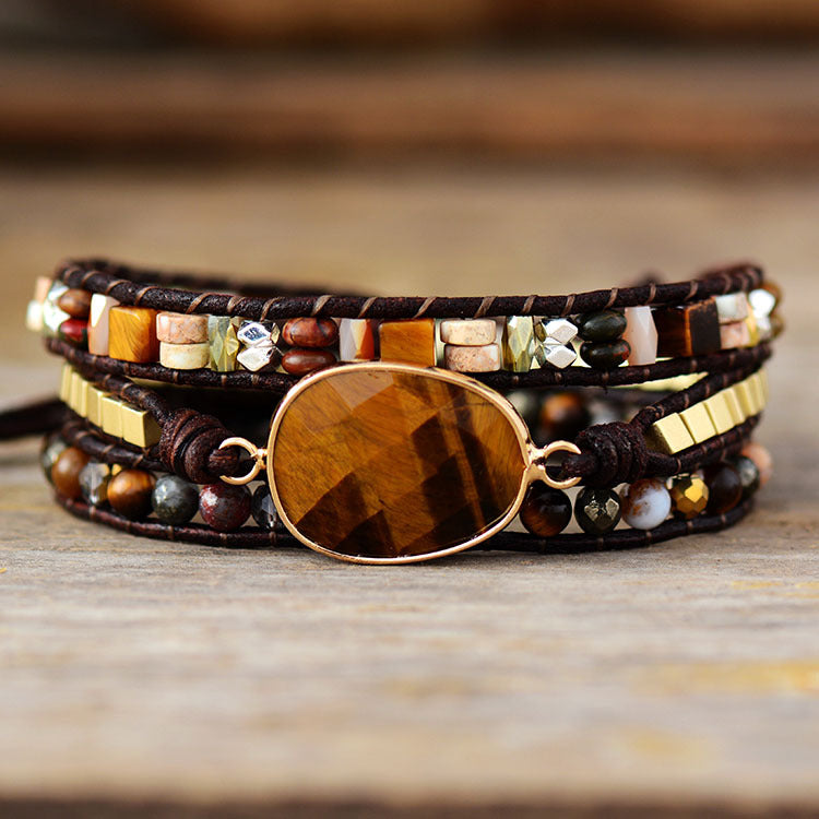 Loookus - Egg shaped tiger eye stone multi-layer wrap bracelet
