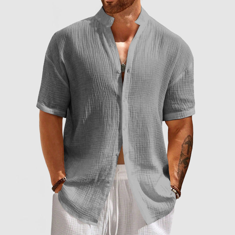 Loookus - Men's Casual Pleated Textured Short Sleeve Shirt