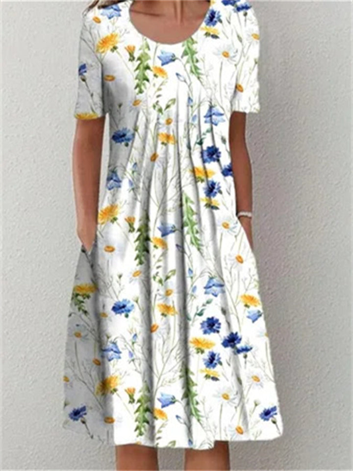 Loookus - Casual Flower Round Neck Medium Length Straight Dress