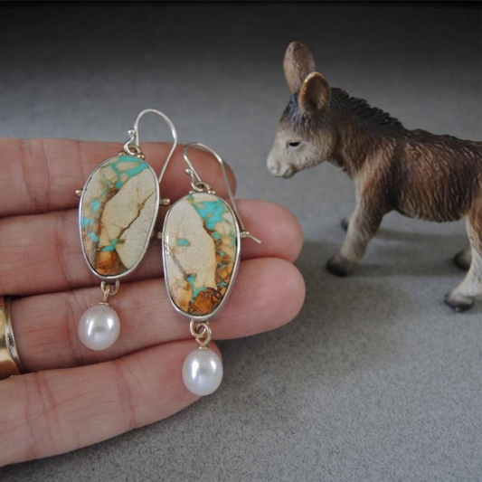 Loookus - Creative Ethnic Wind Turquoise And Pearl Earrings