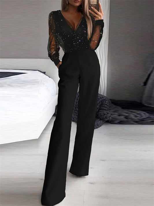 Loookus - Women's Jumpsuit Mesh Sequin Solid Color V Neck Elegant Party Prom Regular Fit Long Sleeve Black S M L Spring