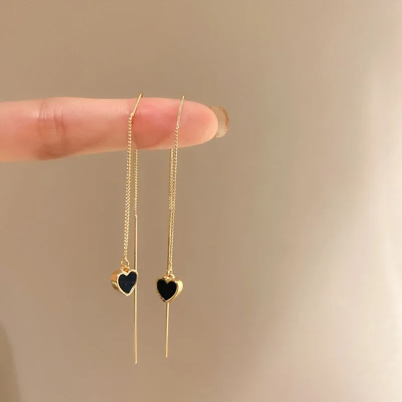 Loookus - Black Heart Ear Line Long Hanging Earrings