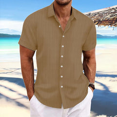 Loookus - Men's cotton and linen striped jacquard casual loose short-sleeved shirt