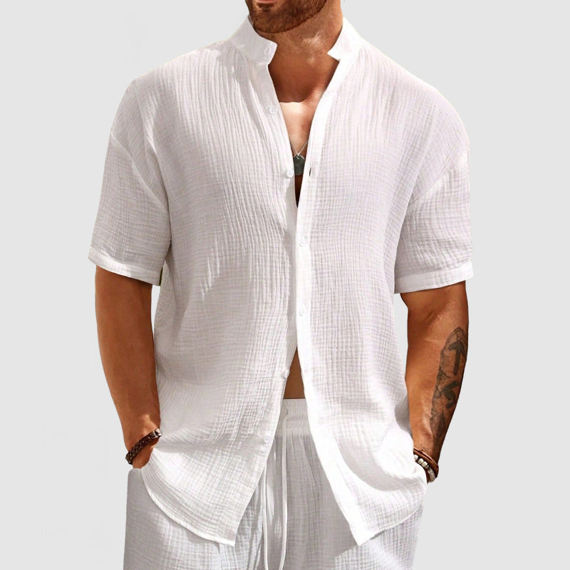 Loookus - Men's Casual Pleated Textured Short Sleeve Shirt