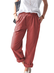 Loookus - New Women's Cotton and Linen Pants Solid Color Casual Elastic High Waist Straight Pants