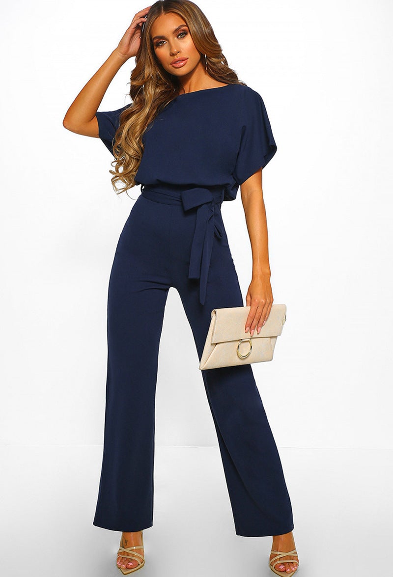 Loookus - Button Lace-up Short-sleeved Jumpsuit