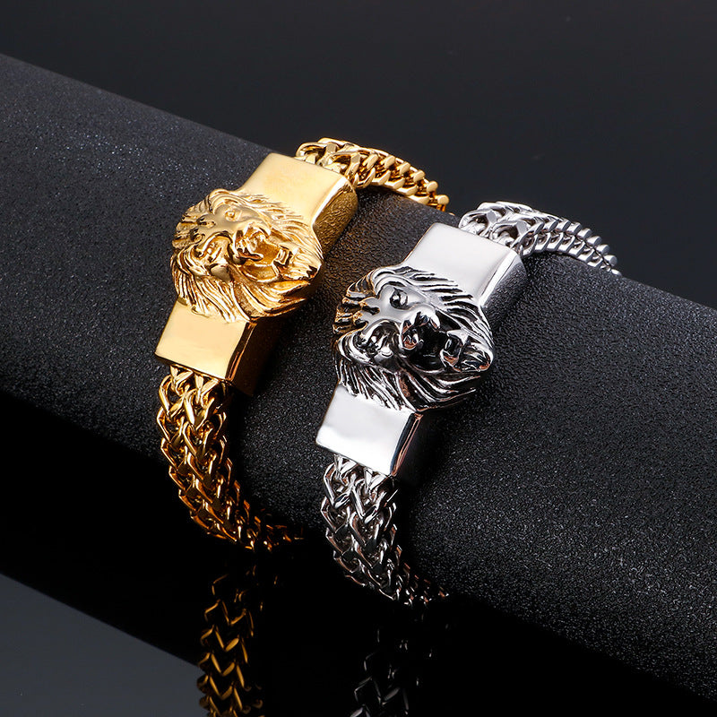 Loookus - 925 Silver Vintage Lion Head Titanium Bracelet