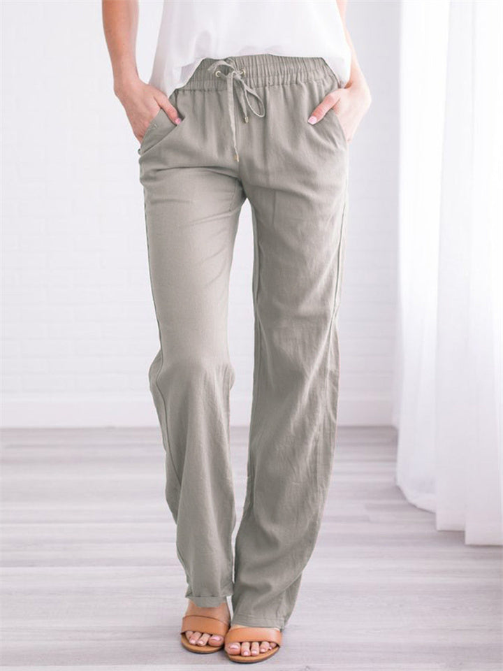 Loookus - Summer Women's Solid Color Cotton Linen Drawstring Loose Casual Wide Leg Pants