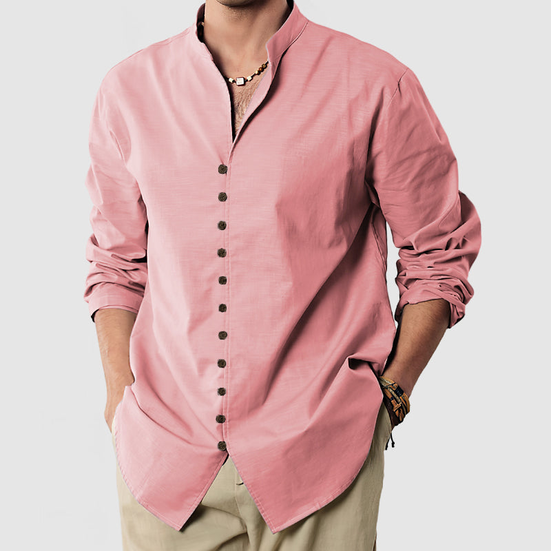 Loookus - Gentleman's Standing Collar Button Down Cotton Linen Shirt