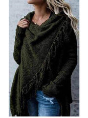 Loookus - Women's Poncho Sweater Jumper Knit Tunic Tassel Knitted Solid Color Crew Neck Basic Stylish Daily Going out Winter Fall Army Green Khaki S M L / Long Sleeve / Casual / Beach / Loose Fit