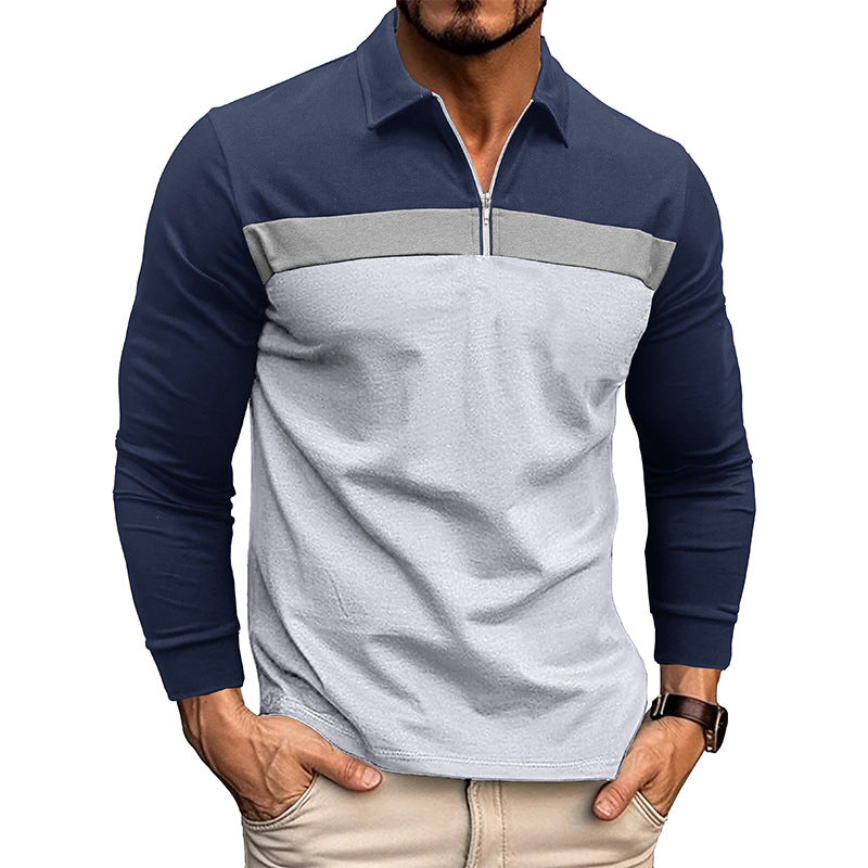 Loookus - Men's Long Sleeve Patchwork Cotton Color-blocked Polo Shirt