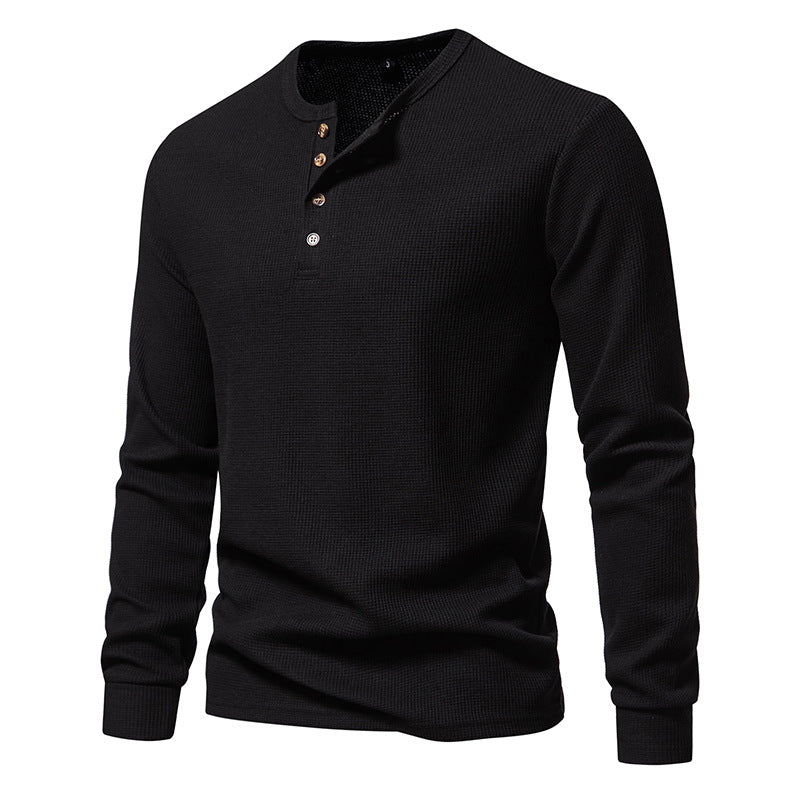 Loookus - Long Sleeve Waffle Knit Four Buttons Henley Shirt