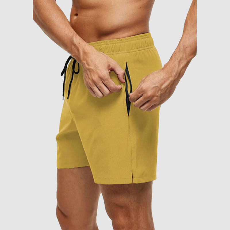 Loookus - Men's Solid Color Quarter Casual Beach Shorts With Zippered Pockets And Mesh Lining Swimwear