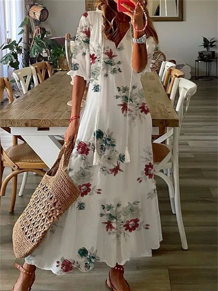 Loookus - Women's A Line Dress Maxi long Dress Purple Half Sleeve Print Ruched Print Spring Summer V Neck Casual Vacation 2022 3XL