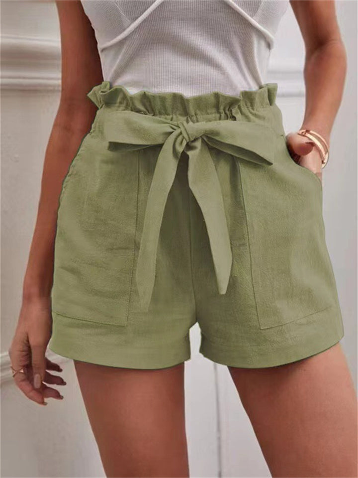 Loookus - Summer Ladies Loose Linen Casual Shorts Pockets Solid Color Big Yards High Waist Wide Leg Pants