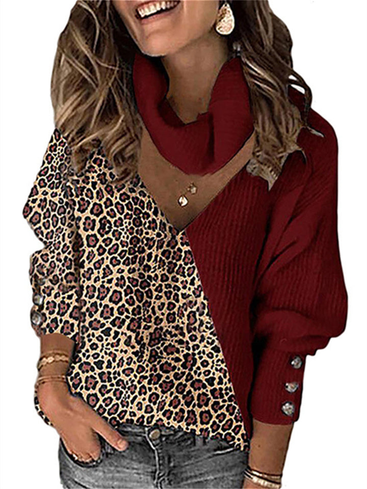 Loookus - Autumn and Winter New Women's Leopard Print Color Blocking Temperament V-neck Loose Scarf Hollowed Knitwear