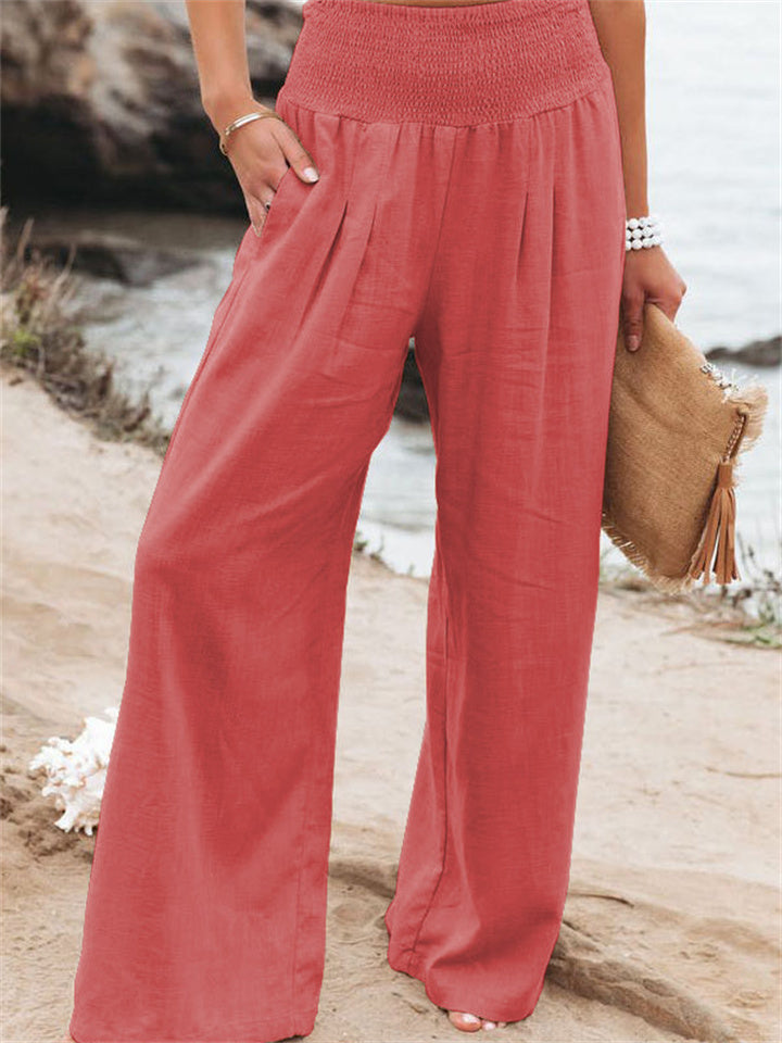 Loookus - Summer Women's Casual Wide-legged Cotton Linen Burst Loose Pants Solid Color Casual Pants