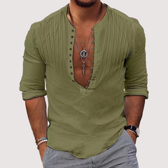 Loookus - Men's V-Neck Cotton Linen Solid Color Shirt