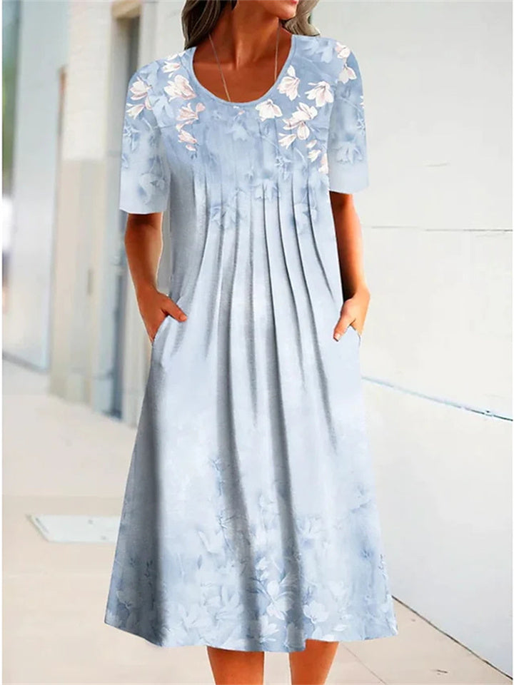 Loookus - Casual Flower Round Neck Medium Length Straight Dress