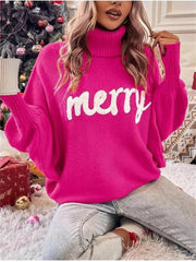 Loookus - Christmas Turtleneck Sweater Women's Fall and Winter Loose Bat Sleeve Outwear Knit Sweater Tops for Women