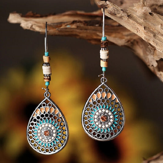 Loookus - Hollow Water Drop Shape Alloy Oil Dropping Long Earrings