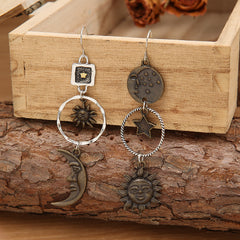 Loookus - Vintage Pentagram Sun Moon Long Earrings