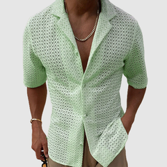 Loookus - Men's summer hollowed-out sweater solid color lapel short sleeve knit shirt
