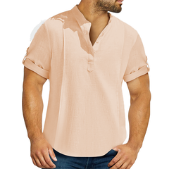 Loookus - Men's linen cotton Henley shirt casual shirt short sleeve T shirt