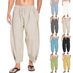 Loookus - Men's Cotton Linen Pants Drawstring Casual Capris Lightweight Loose Beach Pant