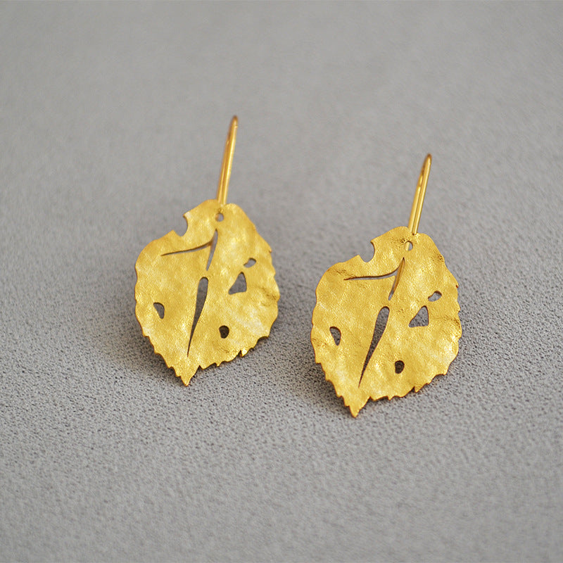 Loookus - Frosted Granular Retro Gold Leaves Earrings