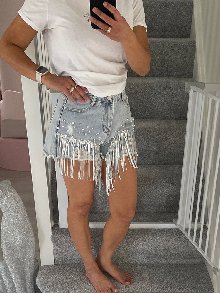 Loookus - Sequin Tassel Pearl Denim Shorts