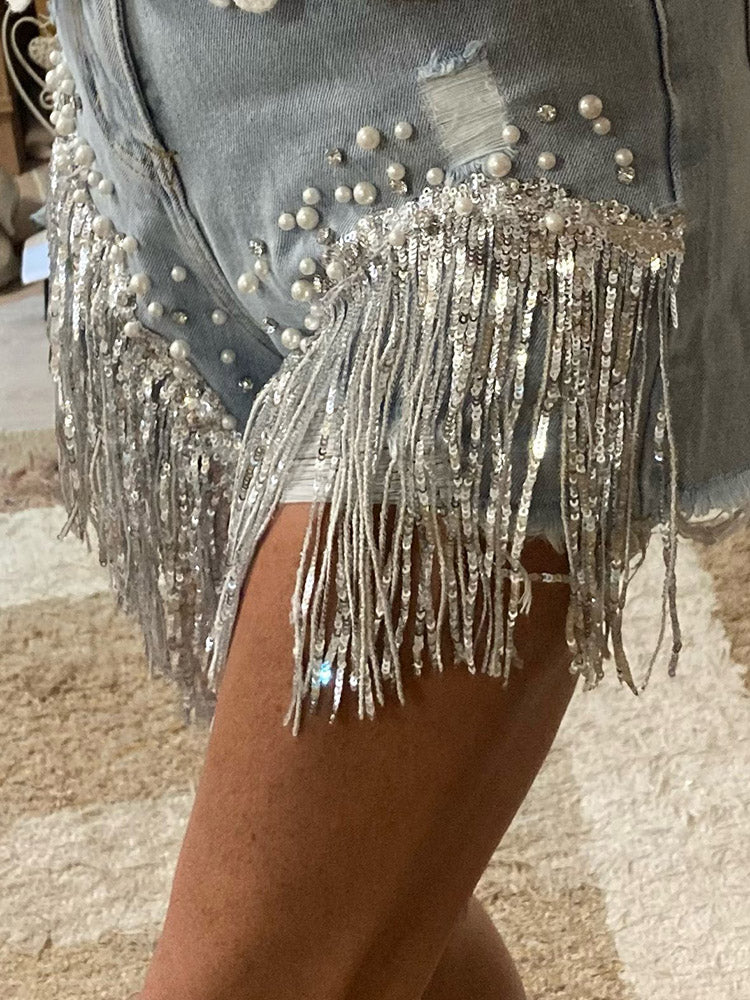 Loookus - Sequin Tassel Pearl Denim Shorts