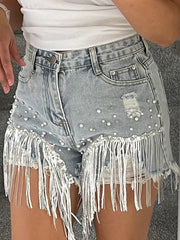 Loookus - Sequin Tassel Pearl Denim Shorts