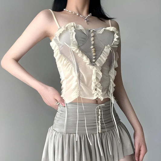 Loookus - Fairycore Ruffled Mesh Corset Top