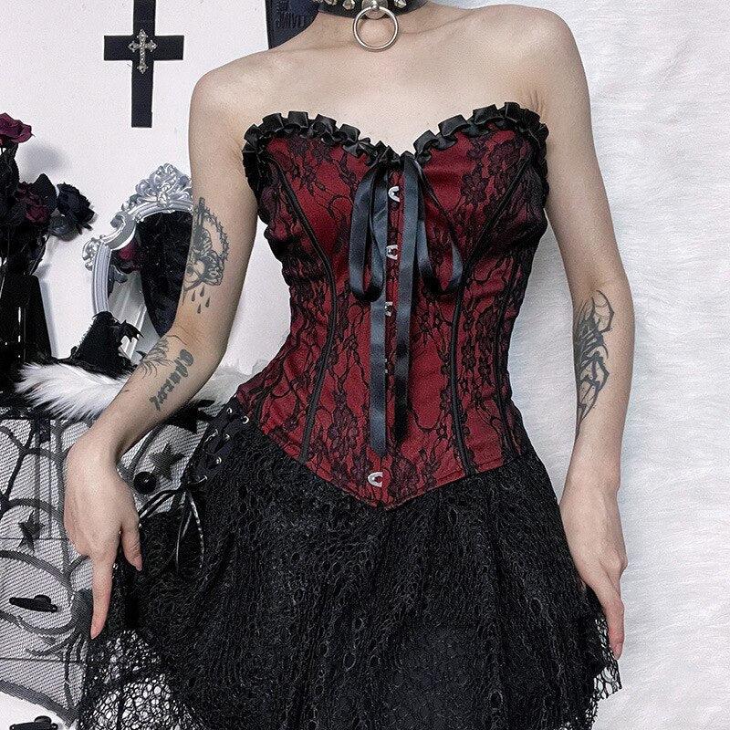 Loookus - Goth Ribbon Detailed Corset Top